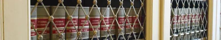 Decorative image. Library bookshelf with gated shelving.